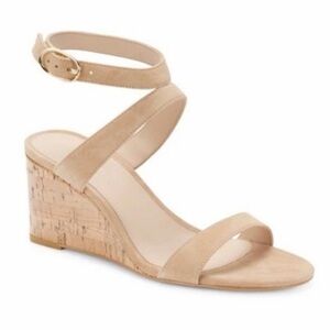Stuart Weitzman Ave 75 Cork Wedge Heel Suede Sandals in Sandalwood